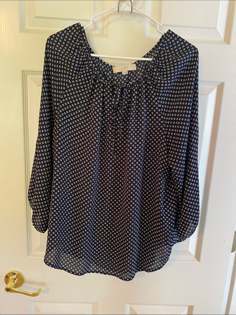 LOFT Navy & White Geometric Peasant Top